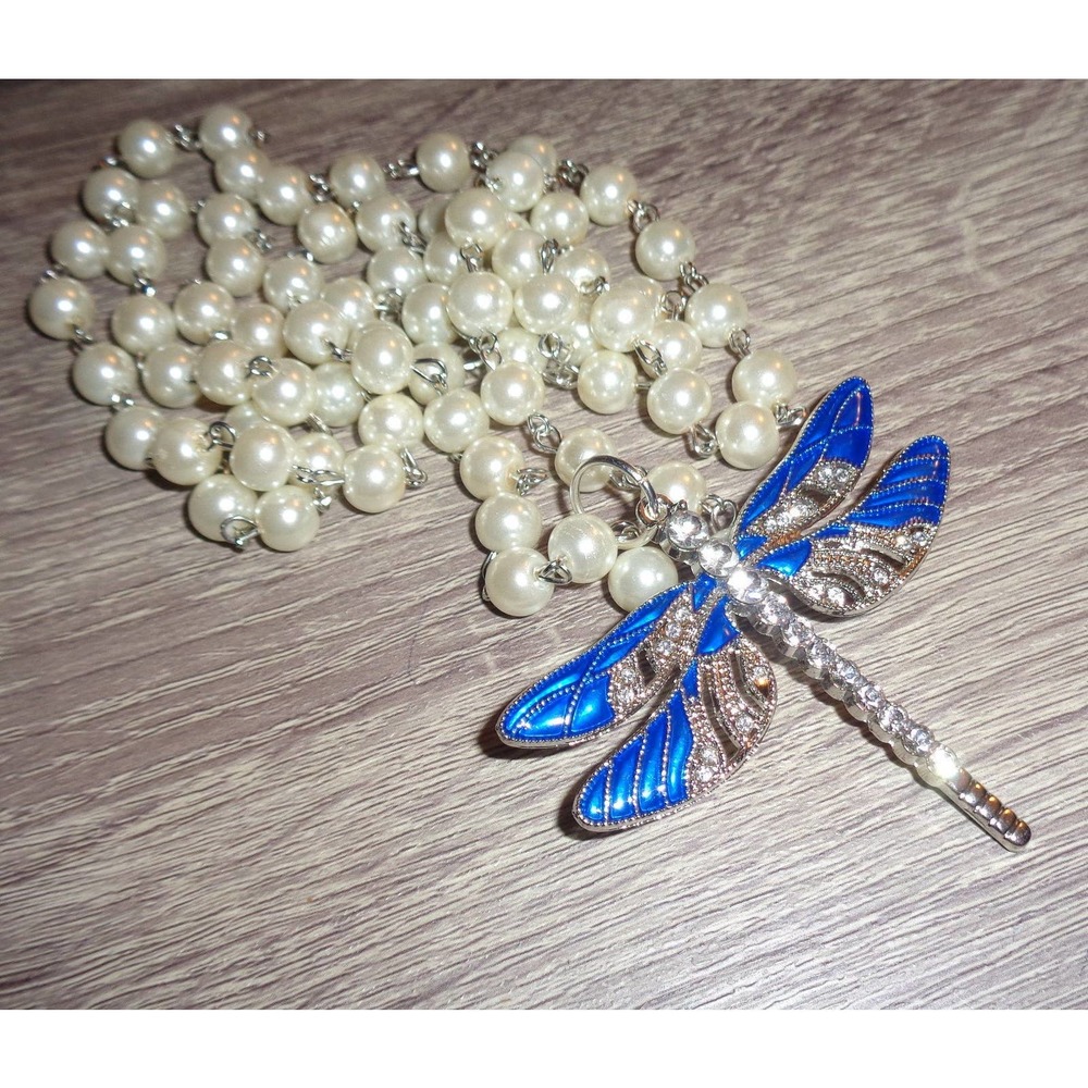 Dragonfly necklace blue dramatic 40 inch - Picture 2 of 8